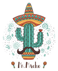 Mexico concept cactus with mustache