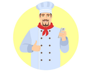 Chef  with mobile phone mobile showing thumb up