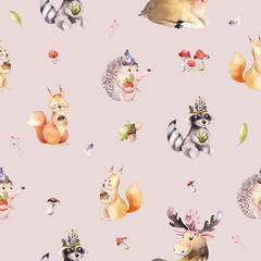 Watercolor seamless pattern of cute baby cartoon hedgehog, squirrel and moose animal for nursary,...