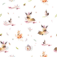 Watercolor seamless pattern of cute baby cartoon hedgehog, squirrel and moose animal for nursary, woodland forest illustration for children. Forest backgraund