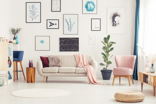 Spacious pink living room interior