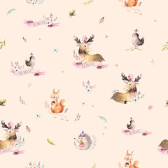 Watercolor seamless pattern of cute baby cartoon hedgehog, squirrel and moose animal for nursary, woodland forest illustration for children. Forest backgraund