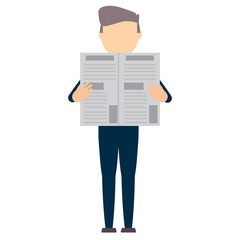 avatar young man standing and reading a newspaper over white background, vector illustration
