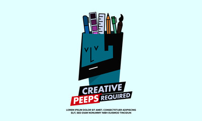 Fototapeta premium We are Hiring Designers/Creative People/Interns/Young Designers. Vector illustration of a designer and his creative tools—pencil, brush, marker, ruler, colour palette