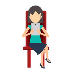 avatar woman using a tablet sitting on a chair over white background, colorful design. vector illustration