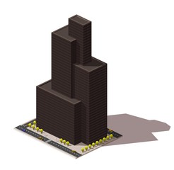 Vector isometric low poly icon or illustration. A building with apartments, a skyscraper, an office building with roads and cars to create city maps.