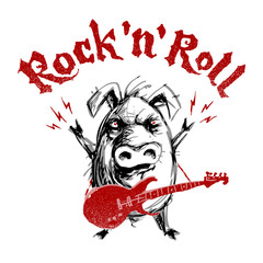 Rock and roll lettering with cartoon pig