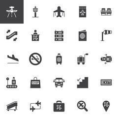 Airport vector icons set, modern solid symbol collection, filled style pictogram pack. Signs logo illustration. Set includes icons as Aircraft, Control tower, Plane, Ticket, Seats, Escalator, Passport