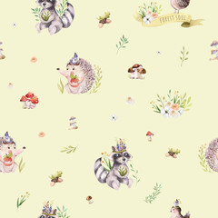 Watercolor seamless pattern of cute baby cartoon hedgehog, squirrel and moose animal for nursary, woodland forest illustration for children. Forest backgraund