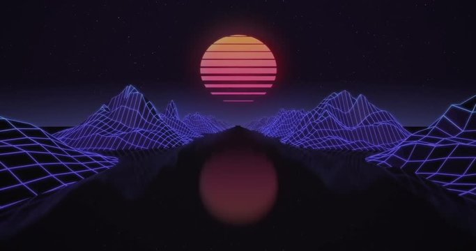 Retro futuristic motion graphics. Digital landscape moving in a cyber world. Retro Wave animation with sun, space, mountains and laser grid on terrain