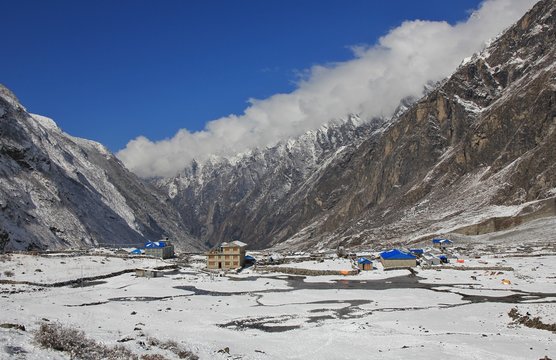 New houses and hotel in Langtang, Nepal. The old village was swept away by a immense avalanche caused by the earthquake in 2015. They started to rebuild the village a little bit higher up than before.