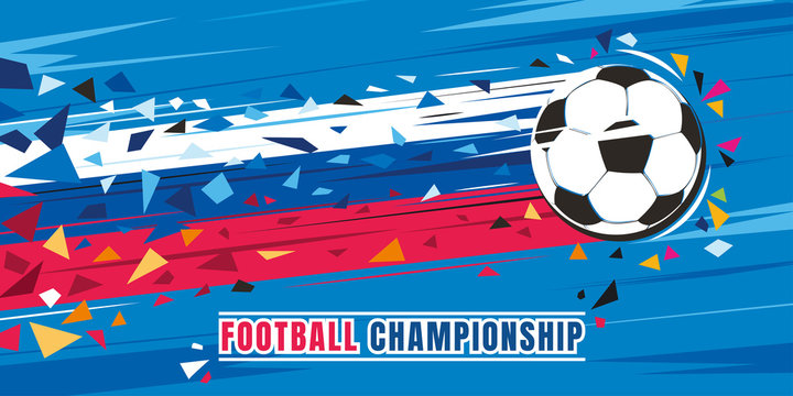 Football championship concept vector illustration. Flying soccer ball with russian flag speed trace