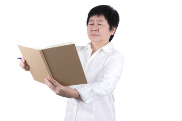 Asian Middle-aged woman in white shirt having vision problems in writing or reading isolated on white background , eyesight concept