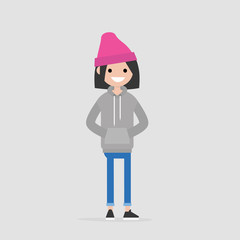 Young female character wearing grey hoodie and blue jeans. Casual daily style. Millennial lifestyle. Flat editable vector illustration, clip art