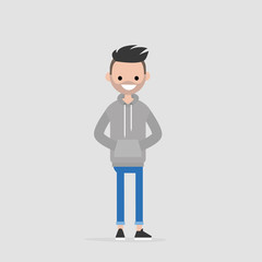Young character wearing grey hoodie and blue jeans. Casual daily style. Millennial lifestyle. Flat editable vector illustration, clip art