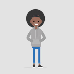 Young female black character wearing grey hoodie and blue jeans. Casual daily style. Millennial lifestyle. Flat editable vector illustration, clip art