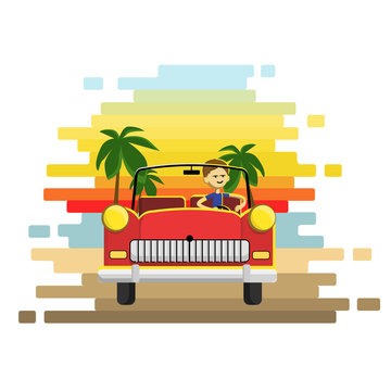man driving a red retro car in a sunset in tropics . Careless driver character. Vector flat cartoon illustration