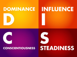 DISC, Dominance, Influence, Steadiness, Conscientiousness, acronym - personal assessment tool to improve work productivity, business and education concept