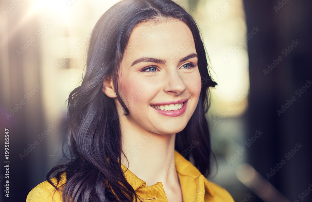 Poster summer, leisure, vacation and people concept - smiling young woman in city