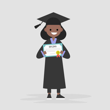 Young black female graduate wearing a black robe and holding a diploma certificate. Graduation. Flat editable vector illustration, clip art
