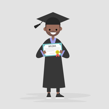 Young black graduate wearing a black robe and holding a diploma certificate. Graduation. Flat editable vector illustration, clip art