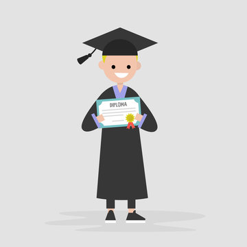 Young graduate wearing a black robe and holding a diploma certificate. Graduation. Flat editable vector illustration, clip art