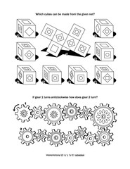 Puzzle page with two puzzles: Which cubes can be made from the given net? If gear 1 turns anticlockwise how does gear 2 turn? Answer included.
