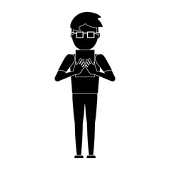 avatar man using a tablet over white background, vector illustration