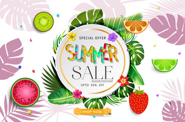 Summer sale banner with fruits background and exotic palm leaves, hibiscus flowers.