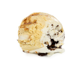 Vanilla ice cream ball with chocolate and soft caramel isolated on white