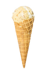 Vanilla ice cream in waffle cone isolated on white