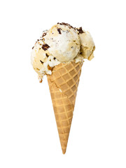 Wafer cone with creamy vanilla ice cream with chocolate chips isolated on white