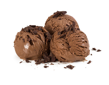 Three balls of chocolate ice cream with chocolate chips isolated on white
