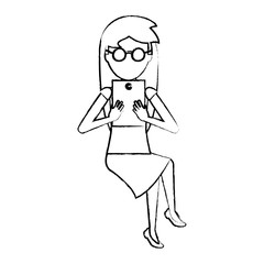 sketch of avatar woman sitting and using a tablet over white background, vector illustration