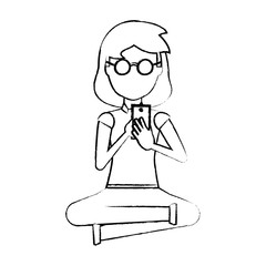 sketch of avatar woman sitting and using a cellphone over white background, vector illustration