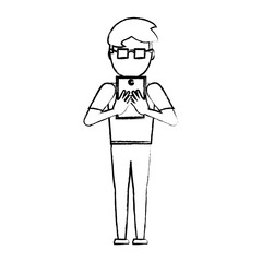 sketch of avatar man using a tablet over white background, vector illustration