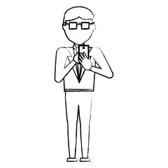 sketch of avatar businessman standing and using a cellphone over white background, vector illustration
