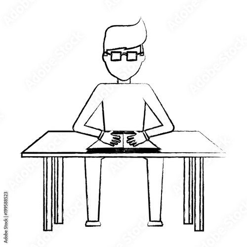 Avatar Man Studying And Sitting At Desk Over White Background
