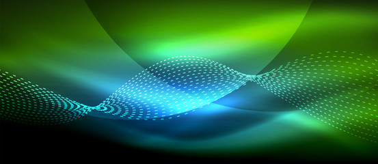 Glowing abstract wave on dark, shiny motion, magic space light. Techno abstract background