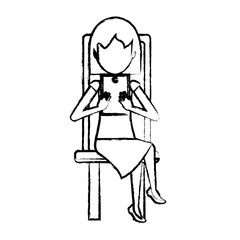 sketch of avatar woman using a tablet sitting on a chair over white background, vector illustration