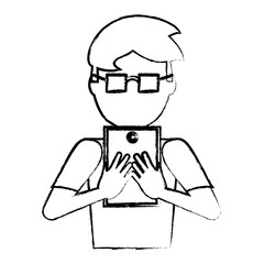 sketch of avatar man with glasses using a tablet over white background, vector illustration