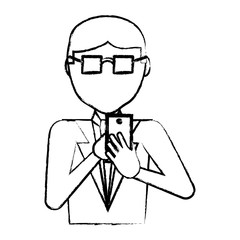 sketch of avatar businessman with glasses and using a cellphone over white background, vector illustration
