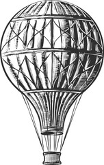 Naklejka premium Vector engraved style illustration for posters, decoration and print. Hand drawn sketch of hot air balloon in monochrome isolated on white background. Detailed vintage woodcut style drawing.