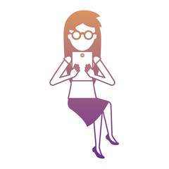 avatar woman sitting and using a tablet over white background, colorful design. vector illustration