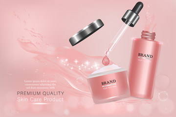 Pink cosmetic containers with advertising background ready to use, liquid splash skin care ad, vector 3d illustration.