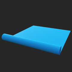 Blue half rolled yoga pilates mat. 3d render on black background. Fitness and health. Exercise equipment.