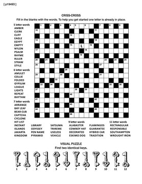 Puzzle page with two puzzles: big 19x19 criss-cross word game (English language) and small visual puzzle with keys. Black and white, A4 or letter sized. Answers are on separate file