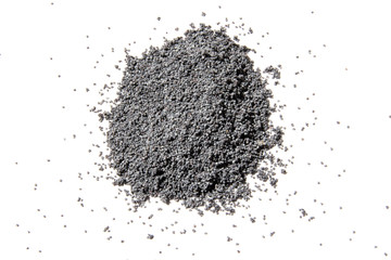 Heap of dry poppy seeds isolated on white background