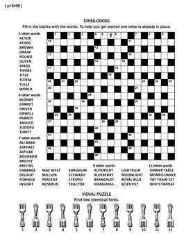 Puzzle page with two puzzles: big 19x19 criss-cross word game (English language) and small visual puzzle with forks. Black and white, A4 or letter sized. Answers are on separate file