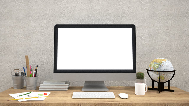 Modern flat screen computer monitor. Computer display isolated on wall background. / 3d rendering